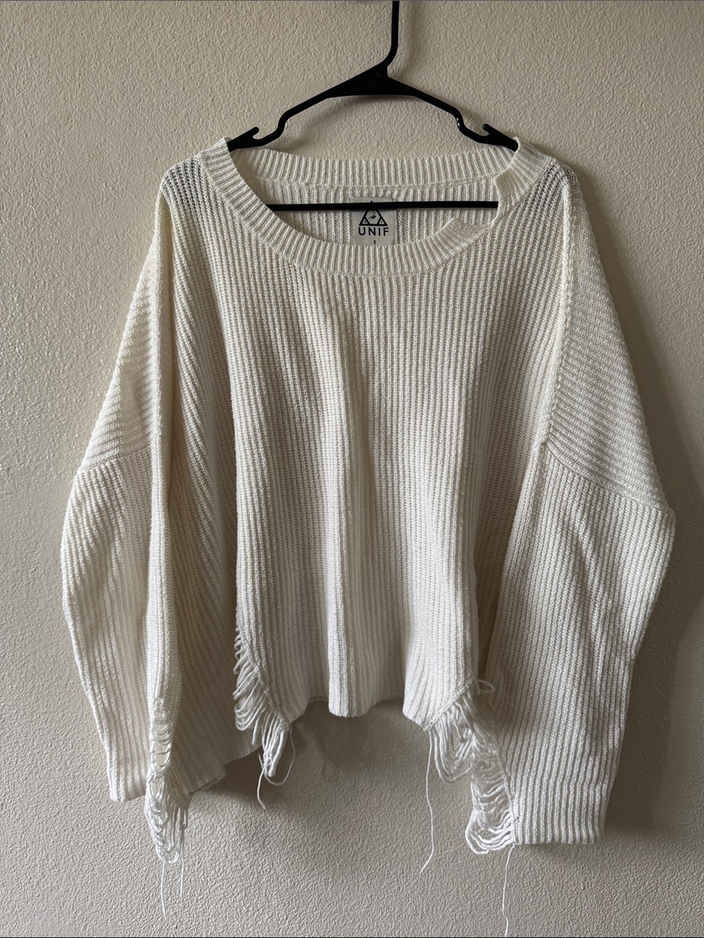 UNIF - White Distressed Ribbed Crewneck Sweater - Size S [oversized]